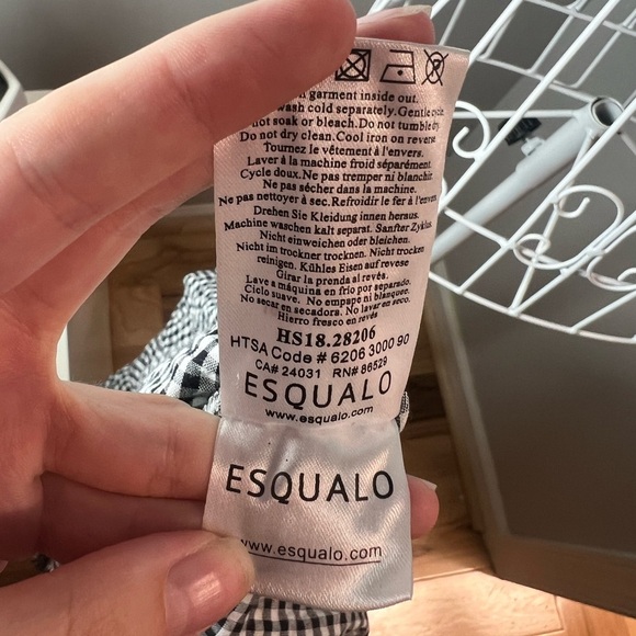 Esqualo Gingham Black White Checkered Wrap Puff Sleeve V Neck Blouse Sz 4 Cotton - Picture 5 of 6